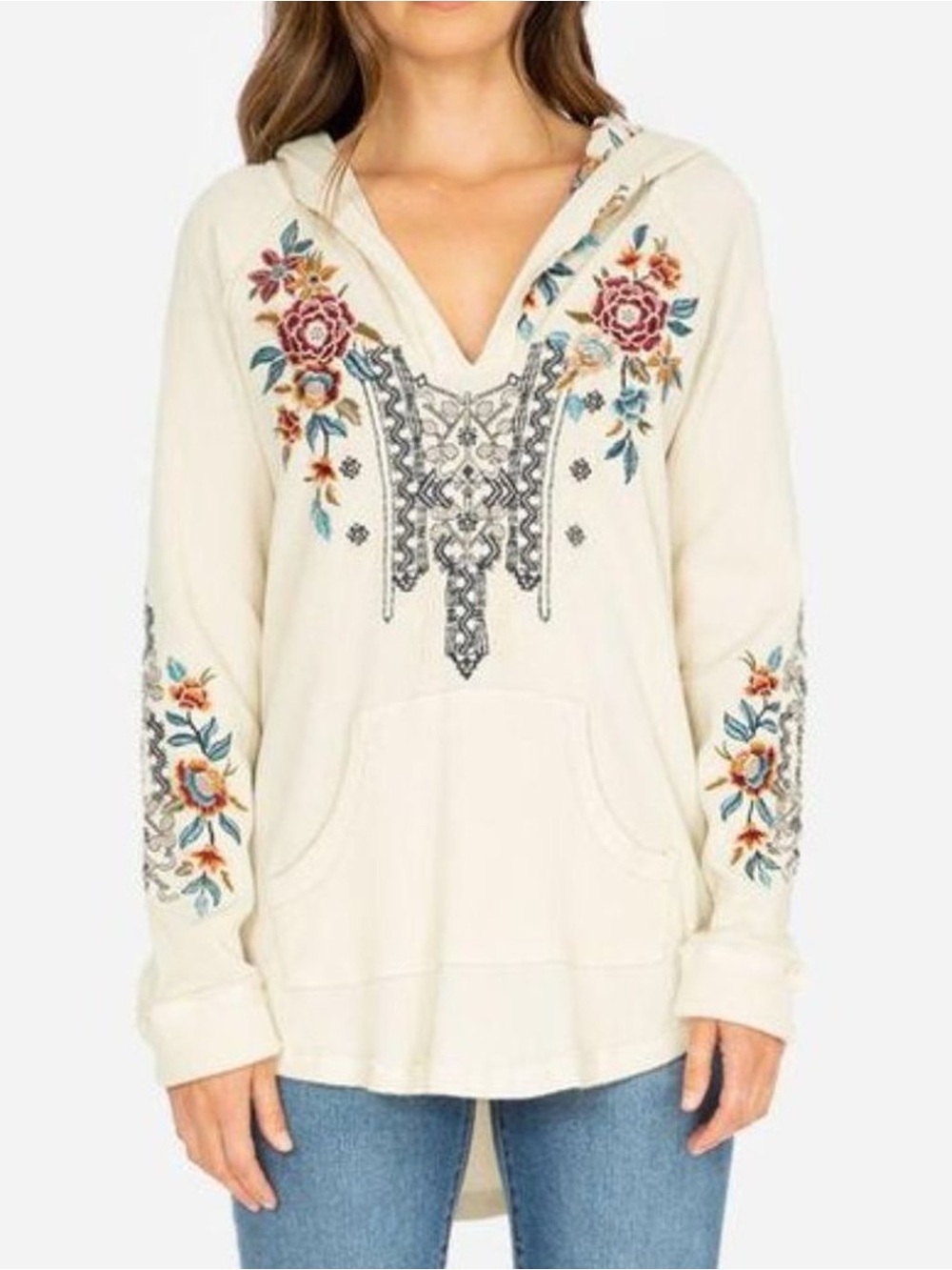 Johnny Was - Eleni Waffle Embroidered Cotton Thermal Hoodie - Cream